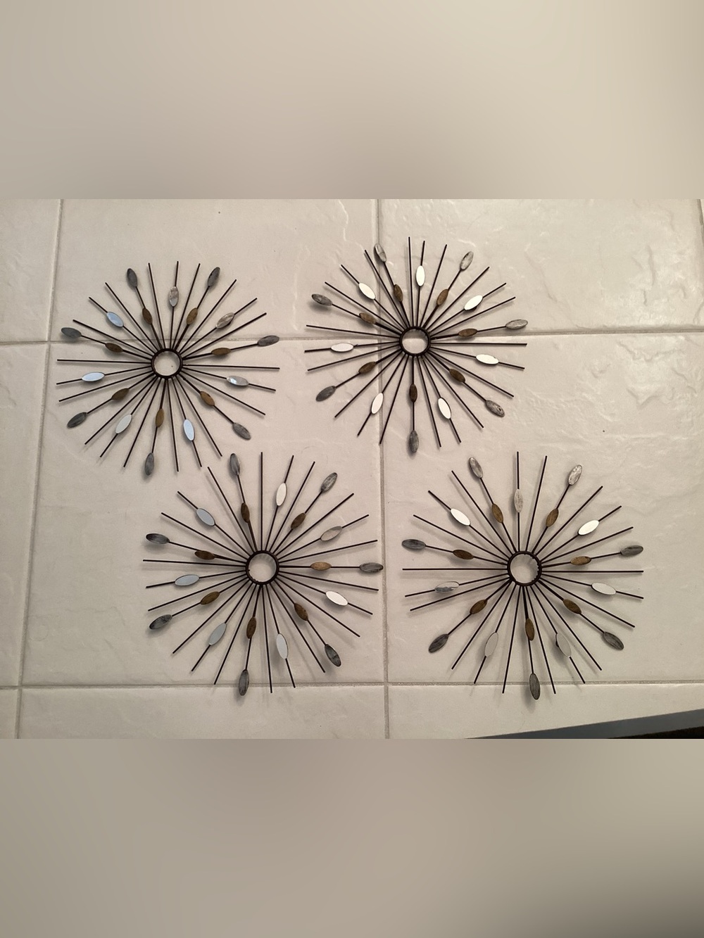 Decorative Metal Sunburst Wall Silver Mirrors, Bronze 12” Round 4 pc.